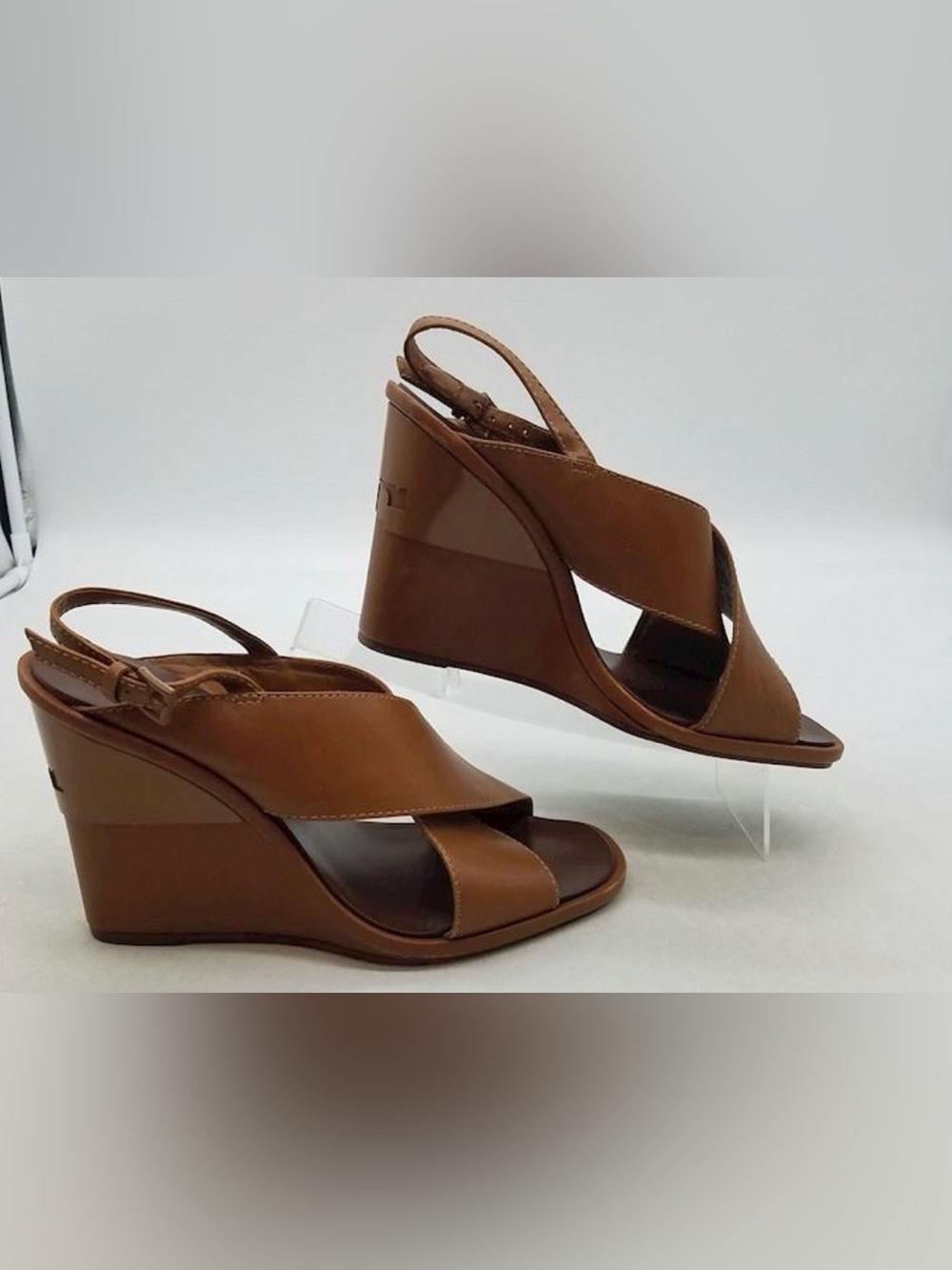 Tory Burch Tan Leather Crisscross Slingback Wedges